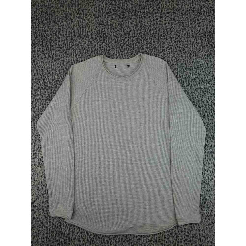 USA Waffle Knit Thermal Shirt Mens Large Grey Raglan Sleeve Curved Hem